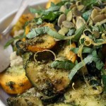 Sauteed zucchini with garlic scape and spinach pesto