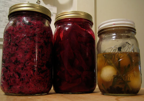 Cultured veggies: Red Sea sauerkraut, pickled pearl onions, pickled beets