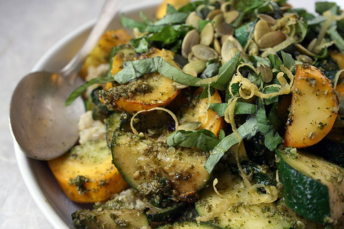 Sauteed zucchini with garlic scape and spinach pesto