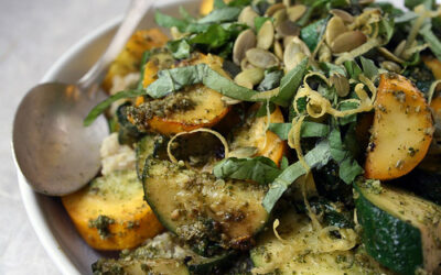 Sauteed zucchini with garlic scape and spinach pesto